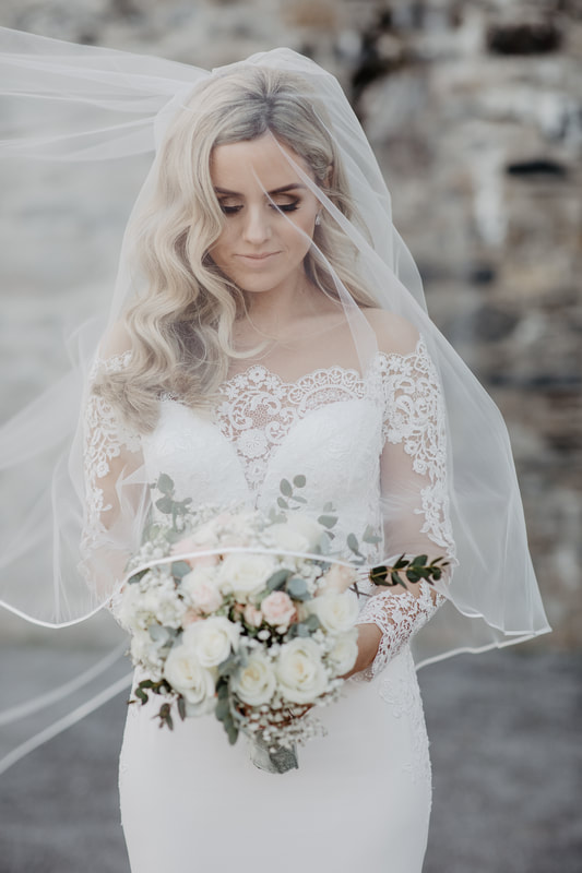 Ross Castle, Killarney, Co.Kerry Wedding photography: bride portrait, veil, bouquet, white dress, blonde