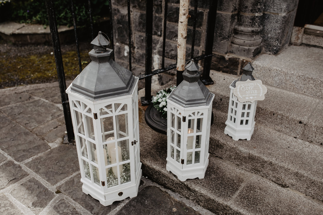 Lanterns at a church, wedding decor