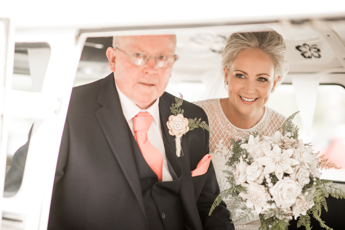 bride and father in a car
