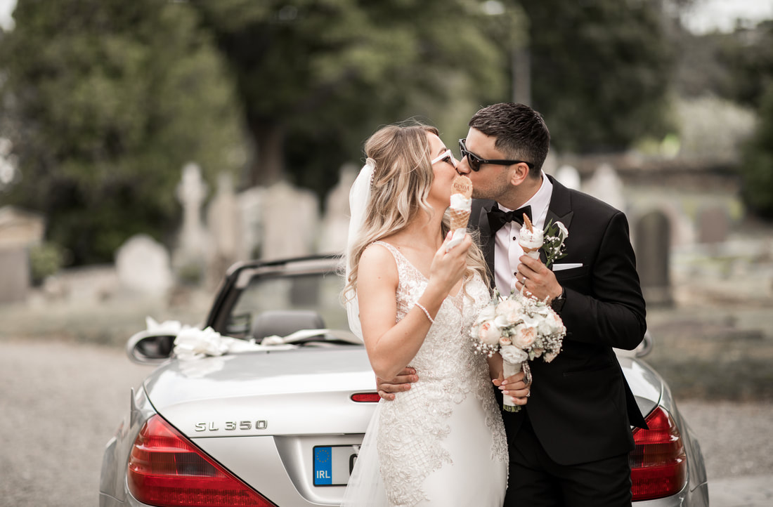bride and groom kiss, ice-creams and mercedes