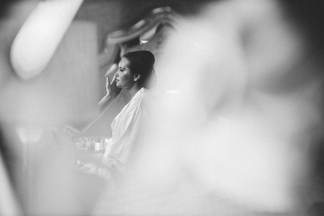 Black and white photo of brides reflection at Clanard Court Hotel, Athy, Co. Kildare by wedding photographer Mario Vaitkus